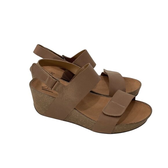 Clarks Womens Auriel Faux Leather Wedge Sandals SZ 9.5M Brown Double Straps - Picture 2 of 16